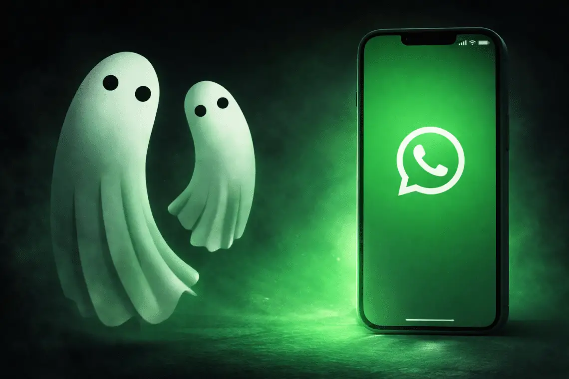 Ilustración digital de dos fantasmas tiernos flotando juntos en un paisaje nocturno con cielo oscuro y ambiente suave.